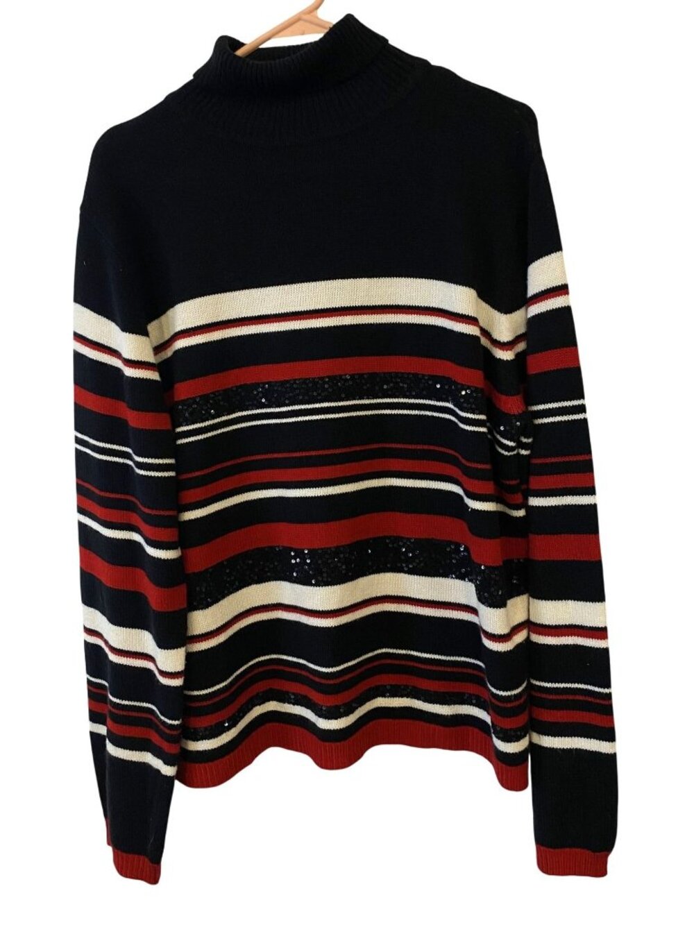 Sag Harbor Womens XL Black Red Striped Sequin Mock Neck Sweater Y2K Holiday